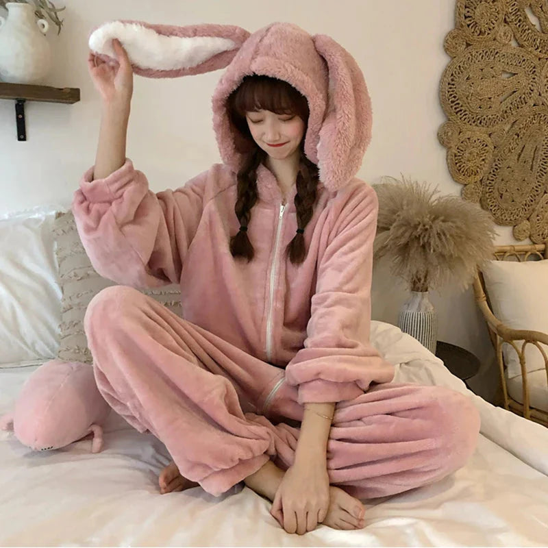 Fluffy Bunny Hoodie Ears Pink Winter Onesie | One Size