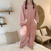 Fluffy Bunny Hoodie Ears Pink Winter Onesie | One Size