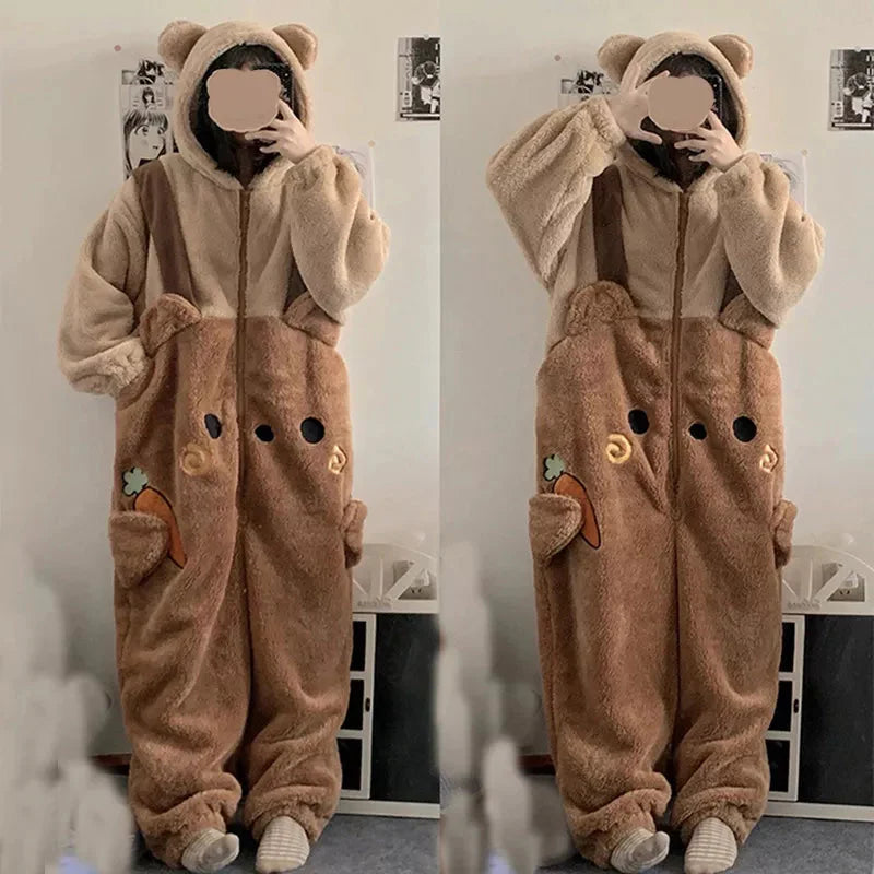 Kawaii Cute Hooded Ears Brown Bear Warm Fluffy Onesie