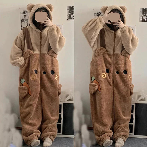 Kawaii Cute Hooded Ears Brown Bear Warm Fluffy Onesie