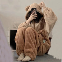 Kawaii Cute Hooded Ears Brown Bear Warm Fluffy Onesie