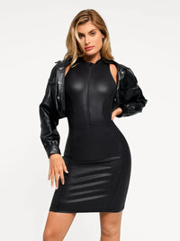 Shapewear Sculpting Faux Leather Zip Front Midi Dress